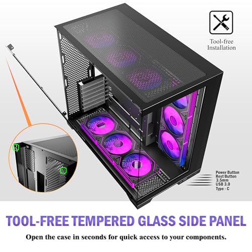 ANSAITE ATX PC-Gehäuse 9×120 mm ARGB PWM-Lüfter vorinstalliert ，Mid-Tower Gaming PC-Gehäuse, Panorama-Gehärtetes Glas Schwarz Computer-Gehäuse mit Typ-C, 360mm Radiator Unterstützung，H-D9 (Schwarz)