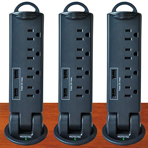 Electriduct Desktop Pull-Up PowerTap Grommet with Surge Protector and USB Charger 2.4 Amp (Black) - 3 Pack
