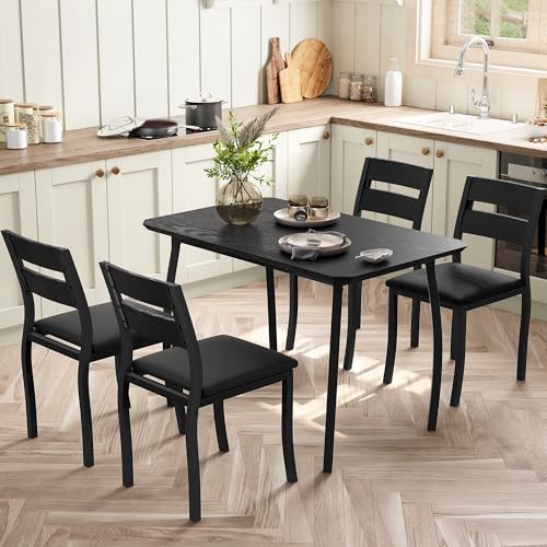 GarveeHome Dining Table Set for 4, 5 Piece Metal Frame Kitchen Table and Chair Set, Chamfer Design Space-Saving Dining Room Furniture for Small Spaces, Apartment, Studio, Breakfast Nooks, Black