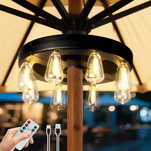 Patio Outdoor Umbrella Lights, Rechargeable Battery Cordless Umbrella Light with 8 Warm White Bulbs 3 Brightness Levels, for Patio, Garden, Backyard, Camping or BBQ