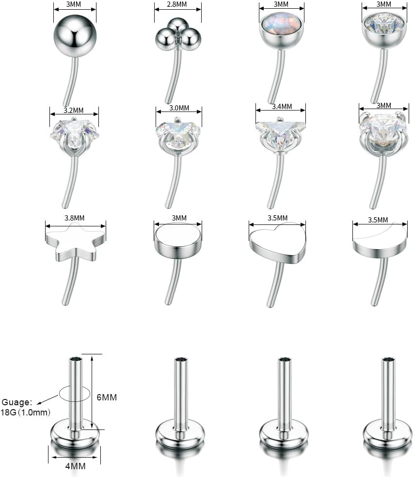 TOPBRIGHT 12Pcs 16G 18G Flat Back Earrings 316L Surgical Steel Threadless Tragus Cartilage Nose Stud Push Pin Lip Stud Rings Medusa Piercing Jewelry Hypoallergenic for Women Men - Image 2