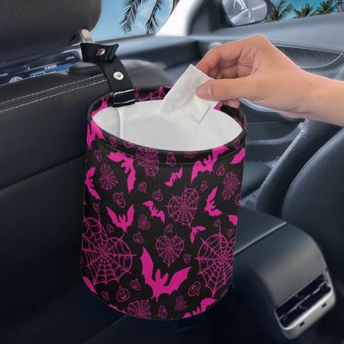 Image of Pensura Car Trash Can Waterproof Pink Spiderweb Bat Car Trash Bag Hanging Portable Foldable Multipurpose Trashs Bin Waste Basket Auto Accessories for Cars, Home, Outdoor