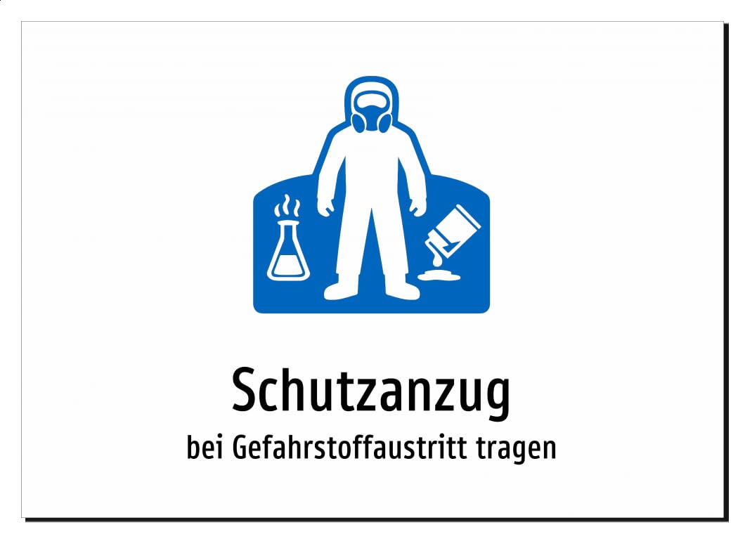 35983-DE-S-13 | Schutzanzug - bei Gefahrstoffaustritt tragen | Aufkleber A2, 594 x 420mm | mit Symbolgrafik und Text