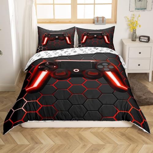 Kids Gaming Bedding Sets Geometric Gamepad Gamer Comforter Cover Honeycomb Hexagon Geometric Duvet Cover Set For Boys Gamer Room Decor Beehive Neon Lights Bedspreads Cover 3 Pieces Double - Image 3