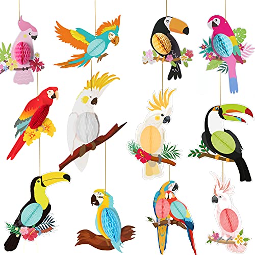 12 piezas de pájaros tropicales panal de abeja de panal colgantes decoraciones hawaianas de verano, playa, luau, cumpleaños, pájaros tropicales, fiestas, papel para Tiki Luau, fiesta hawaiana