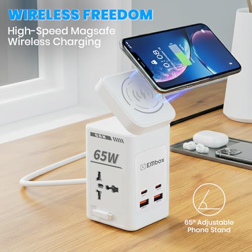 Image of Embox 7-in-1 Gan Charger 65W Fast Charger | Type C USB 2 AC Sockets (2500W) Wireless Fast Charging | Multi-Port Desktop Charger for Laptop, iPhone, Android, Portable Charging Station, White
