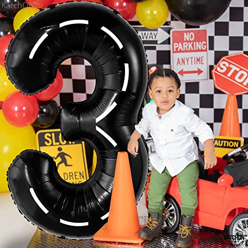 Image of KatchOn Black Number 3 Balloon 40 Inch, 3rd Birthday Decorations for Boys | Number 3 Race Car Balloon for Construction Birthday Party Supplies 3 Year Old