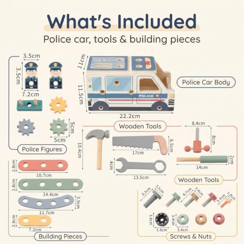 PicoPandax Toddler Tool Kit 44 PCS Police Car Toolbox & Workbench, Wooden Kids Tool Set for Ages 2-4, Montessori STEM Pretend Play Tools, Construction Toys Birthday Gift for Boys Girls - Image 4