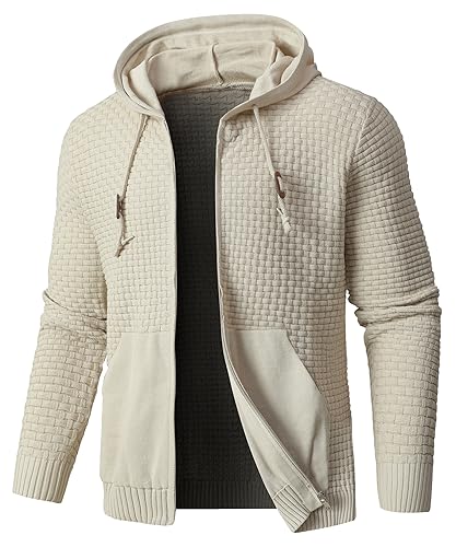 Zaitun Men's Full Zip Up Hooded Cardigan Sweater with Pockets Khaki