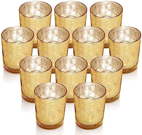 Gold Votive Candle Holders Set of 12 for Wedding Table Centerpiece, Tea Light Candle Holders Decorative, Mercury Glass Candle Holders Bulk for Birthday Party Home Decoration