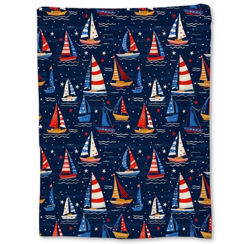 Image of Ti Caldi Nautical Sailboat Blanket - Soft Lightweight Cozy Flannel Colorful Throw Blanket for Adults Kids Women, Warm Fuzzy Blankets for Couch, Bed, Travel, Home Decor, Living Room 60×50 in