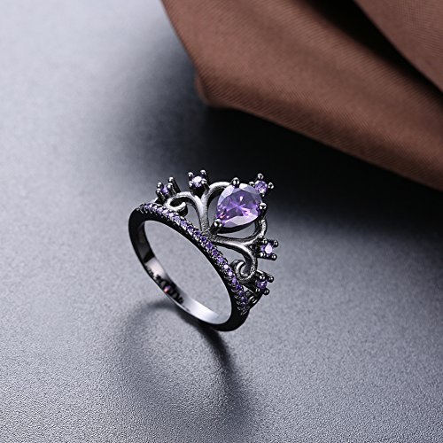WANGYUSHENG Womens Black Gold Plated Purple Amethyst Cubic Zirconia CZ Princess Crown Tiara Ring Wedding Band4