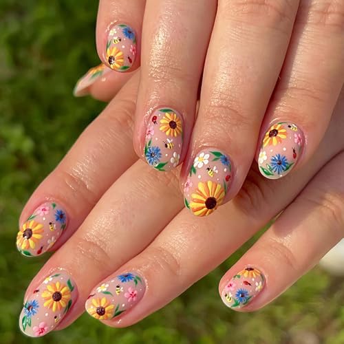 Spring Press on Nails - Cute Short Oval Fake Nails Flower Nails P...