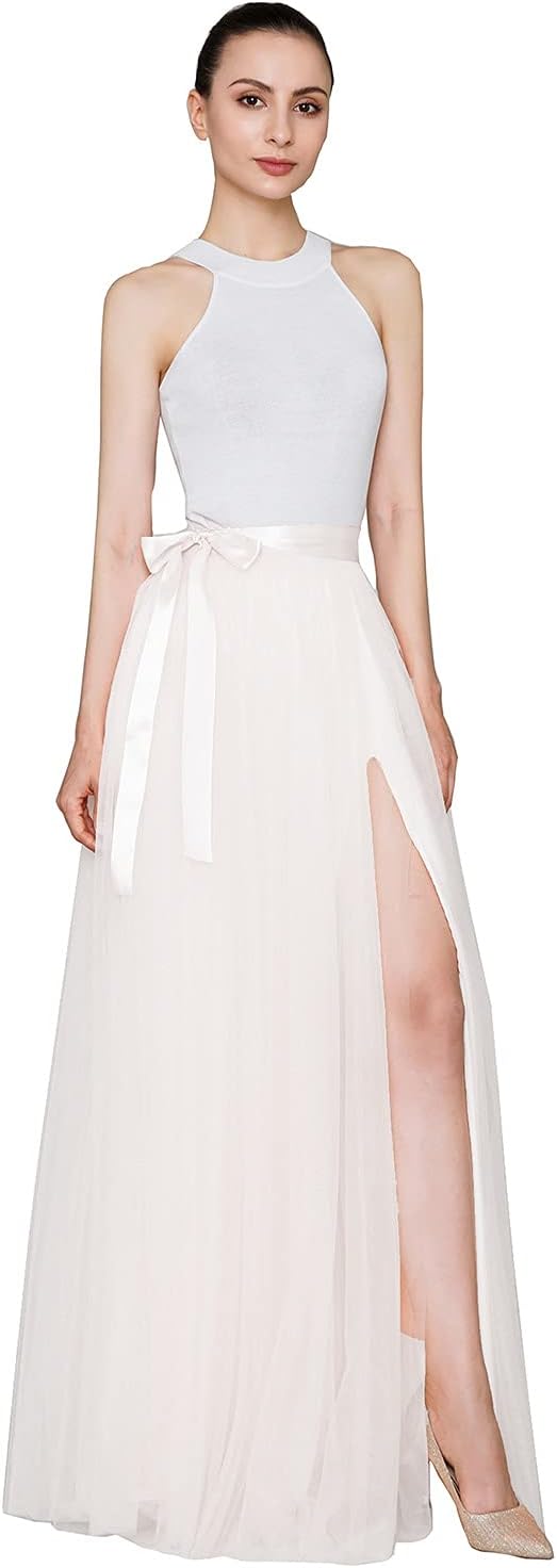 EllieHouse Long Floor Length Wedding Evening Party Prom Tulle Skirt with Slit