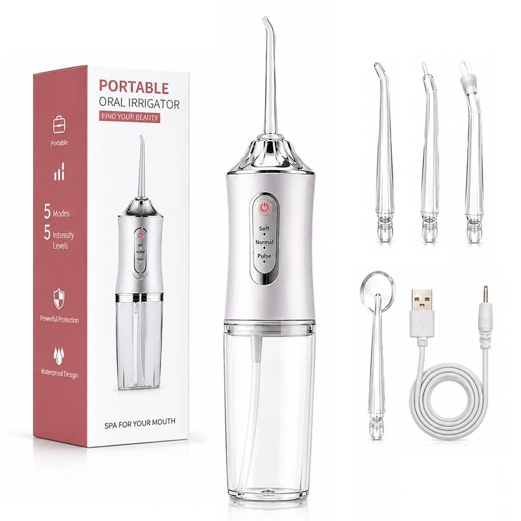 Irrigador Dental Portátil Inalámbrico Irrigador Bucal Limpiador Dientes Agua Presión Limpieza Dental Profunda Eliminación Sarro Impermeable IPX7 para Viajes y Hogar Blanco