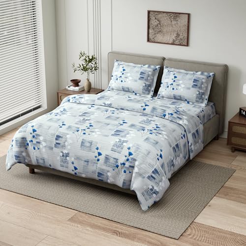 Image of Haus & kinder Double Bedsheet for Queen Size Bed | 90 x 100 Inches 144 TC Cotton Bedsheet for Double Bed with 2 Pillow Covers - Blue Flower Sketch