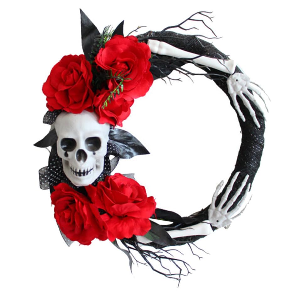 Couronne de crâne Halloween noire pour votre décoration de porche accueillante et effrayante