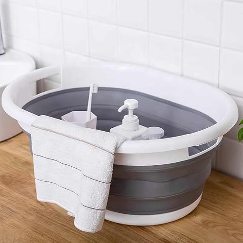 HavenVale 24L Collapsible Plastic Laundry Basket, Foldable Washing Basket, Portable Washing Tub, Space Saving Basket (1, Grey & White) - Image 4