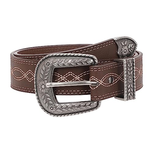 Vintage Flower Womens Leather Belt for Jeans Dress Fashion Waist Belt Ladies Belts with Black Gold Buckle