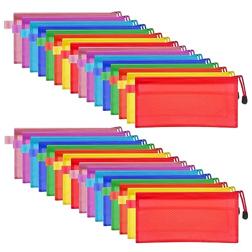 FOCCTS Conjunto de 32 estojos impermeáveis de PVC para lápis A6 (23,5 x 11,5 cm), multicoloridos, bolsas de arquivos de camada dupla com fecho de correr para escritório, escola, viagens e cosméticos