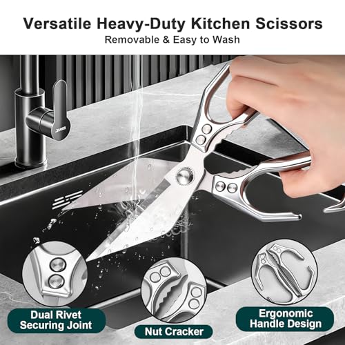 Miniatura 3 de Tijeras De Cocina Multifunción Y Resistentes, Tijeras De Cocina De Acero Inoxidable Con Cuchilla Dentada Para Pollo, Carne, Mariscos, Huesos, Mango Ergonómico De Aluminio