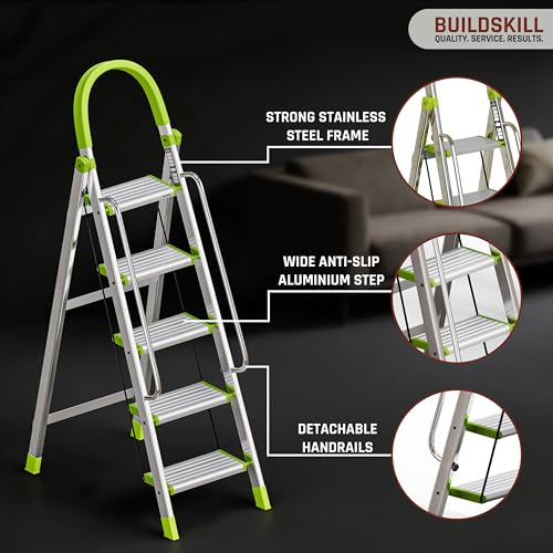 Image of BUILDSKILL Aluminium Ladder for Home 5 Steps | 34x16cm Wide Anti-Slip Aluminium Steps | Stainless Steel Body | Handrails | Load 150 Kg | Foldable Lightweight 5.35KG Ladder for Kitchen, Office & Home