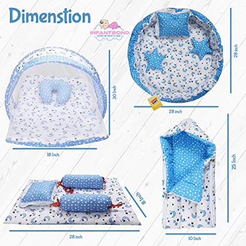 Image of Infantbond Designer Mattress with Net | Baby Sleeping Bag | 4 Pcs Bedding | 1 Nest(0-6 Months) (Moon Blue)