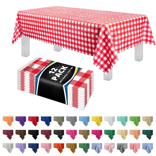 Grandipity 12 Pack Premium Disposable Plastic Picnic Tablecloth 54 Inch. x 108 Inch. Decorative Rectangle Table Cover - Red Checkered Gingham