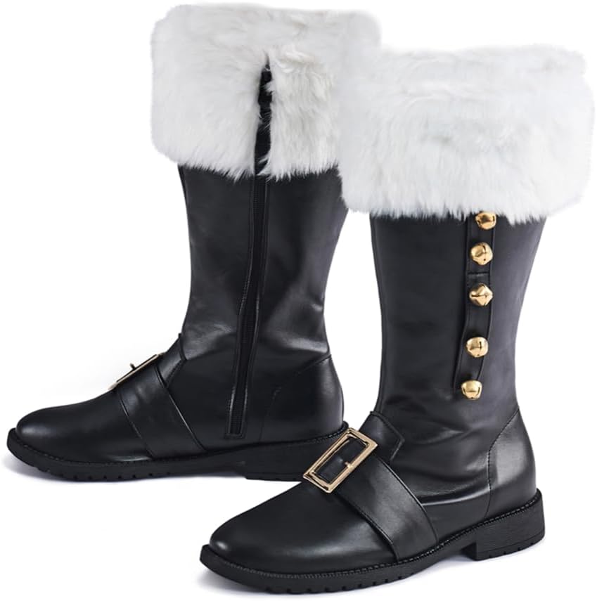 DUNHAO COS Christmas Santa Claus Boots Men's Halloween Costume Black Boots Wide Calf With White Fur