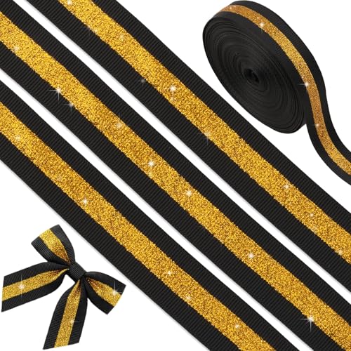 YKW Black Gold Glitter Cheer Ribbon No Shed 7/8 x10 Yards Grosgrain for Cheerleading Bows Team Spirit Homecoming Mum Gift Wrapping & Hair Accessories