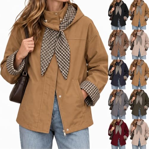 Cropped Trench Coat for Women Fall Winter Jacket with Plaid Hood