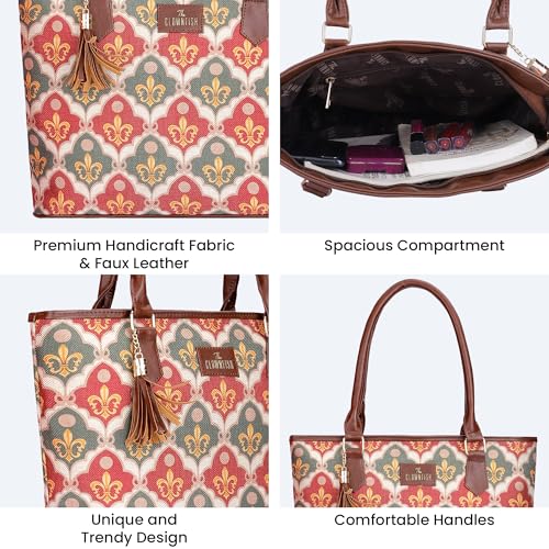 Image of THE CLOWNFISH Aviva Printed Handicraft Fabric Handbag for Women Office Bag Ladies Shoulder Bag Tote for Women College Girls (Pink-Rangoli Design)