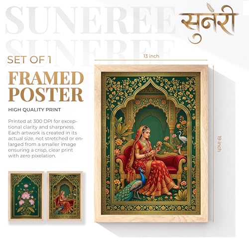 Image of Suneree Rajasthani Rani Lotus Flower Wall Art Painting | Set of 2 Framed Paintings | Mughal Indian Decor for Living Room Bedroom Home Office | (ART 7, 13x19 INCHES)