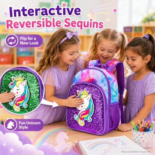 Image of 3PCS Girls Backpack, 16 inch Kids Sequins Unicorn Bookbag with Lunch Box, School Bags for Elementary Preschool Kindergarten - Purple