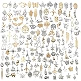 HTTDSLF 150 Piezas Abalorios para Pulseras de Bricolaje, Decoración Vintage, Abalorios Dijes, Colgantes Mixtos DIY, para Pendientes, Collares, Pulseras, Fiestas y Regalos de Boda (Oro y Plata)