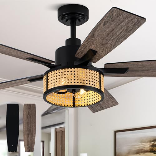 Image of 52 Inch Boho Ceiling Fan with Lights Remote Rattan Caged Chandelier Fan Farmhouse Rustic Fandelier, 5 Dual Blades, Reversible Quiet DC Motor 6 Wind Speeds Timer for Bedroom Patio