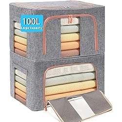 Large Capacity Clothes Storage Bags Stackable Storage Organizer with Foldable Metal Frame Zipper Handles Clear Window Storage Container Box for Blanket Sweater Comforter Pillow (100L Gray 2 Pack)
