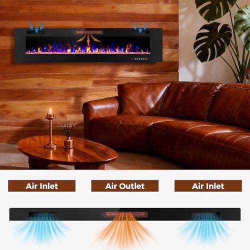 Image of Electactic 68 Inch Electric Fireplace Insert Ultra-Thin - Recessed & Wall-Mounted Fireplace Heater with Thermostat, Adjustable Flame, Remote Control - Linear with Timer, Touch Screen, 750 /1500W