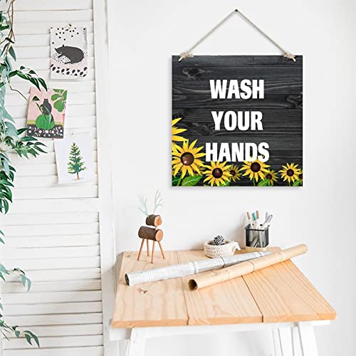 Plaque en bois tournesol Wash Your Hands décoration murale rustique 40cm - 5