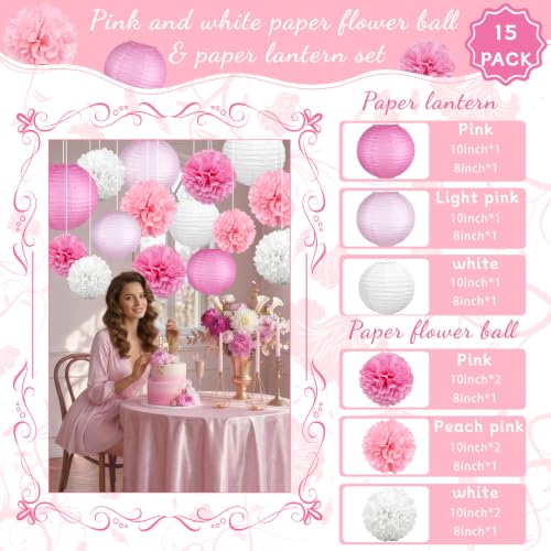 Image of KAXIXI 15-Piece Pink Party Decorations with Paper Lanterns & Pom Poms