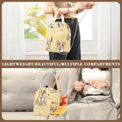 Image of Tatenale Crochet Bag Yarn Bag Knitting Project Bag with Pockets and Handle Portable Yarn Storage Organizer Tangle Free 8.3x11 InchYellow Cute Corgi and Bones42