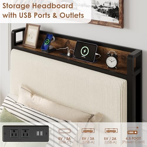 Image of GAOMON Twin Size Bed Frame with 2 Storage Drawers and Charging Station, Rustic Velvet Upholstered Platform Bedframe with Storage Headboard, No Box Spring Needed, Easy Assembly, Noise Free, Beige