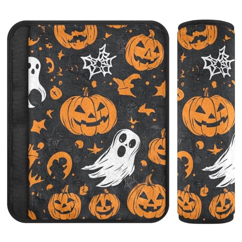 Image of Gothic Funny Halloween Ghost and Pumpkins Seat Belt Cover Pad 2 Pcs Soft Cute Seatbelt Covers Protector Support Head Neck Shoulder Strap for Car Seats High Chair Backpack for Adults Kids Women