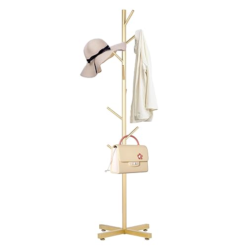 Snaikor Metal Coat Rack, Modern Coat Rack Freestanding, Sturdy Coat Tree Stand with Cross Base, Golden Coat Racks Hall Tree for Clothes Jacket Hat Bag Entryway