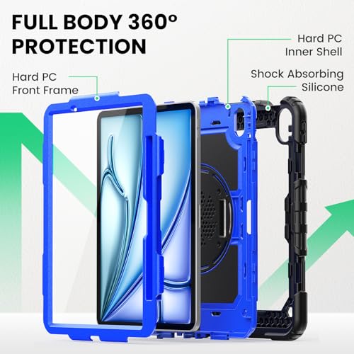 Image of SEYMAC Case for iPad Air 11 Inch M4 / M3 / M2 (2026 /2025 / 2024), Heavy Duty Shockproof Protective Case with Screen Protector, 360 Rotating Stand and Hand /Shoulder Strap, Blue