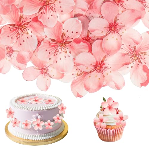 Nogeqi 50 Stück Kirschblüten Torten Deko, Essbare Blumen Für Torte, Kirschblüte Tortendeko Essbar, Rosa Blüten Esspapier Tortendeko Wafer Paper Torten Für Geburtstag Cupcake Topper Hochzeit