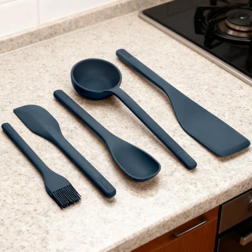 Image of Ember Cookware Silicone Kitchen Tool Set of 5 - Ladle, Brush, Flip, Stir & Scraper | Platinum Grade Food Safe | Heat Resistant Up to 230C | Seamless Unibody Design | Blue