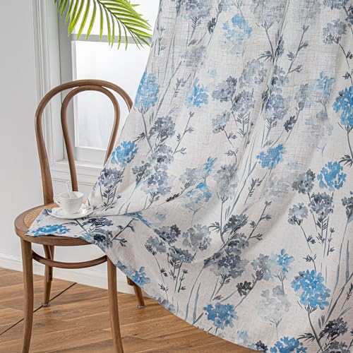 Image of MYSKY HOME Linen Curtains for Living Room 84 inch Length 2 Panels with Floral Pattern Semi Sheer Light Filtering Privacy Window Drapes for Bedroom Dining Room Patio, Navy Blue, 2 Pcs