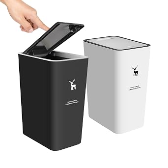 XPIY Trash Can with Lid, 2 Pack 4 Gallons/15 Liters Garbage Can with Press Top, Small Trash Can Dog Proof, Plastic Trash Bin, Waste Basket for Bathroom|Kitchen|Bedroom|Office 1, Blackwhite