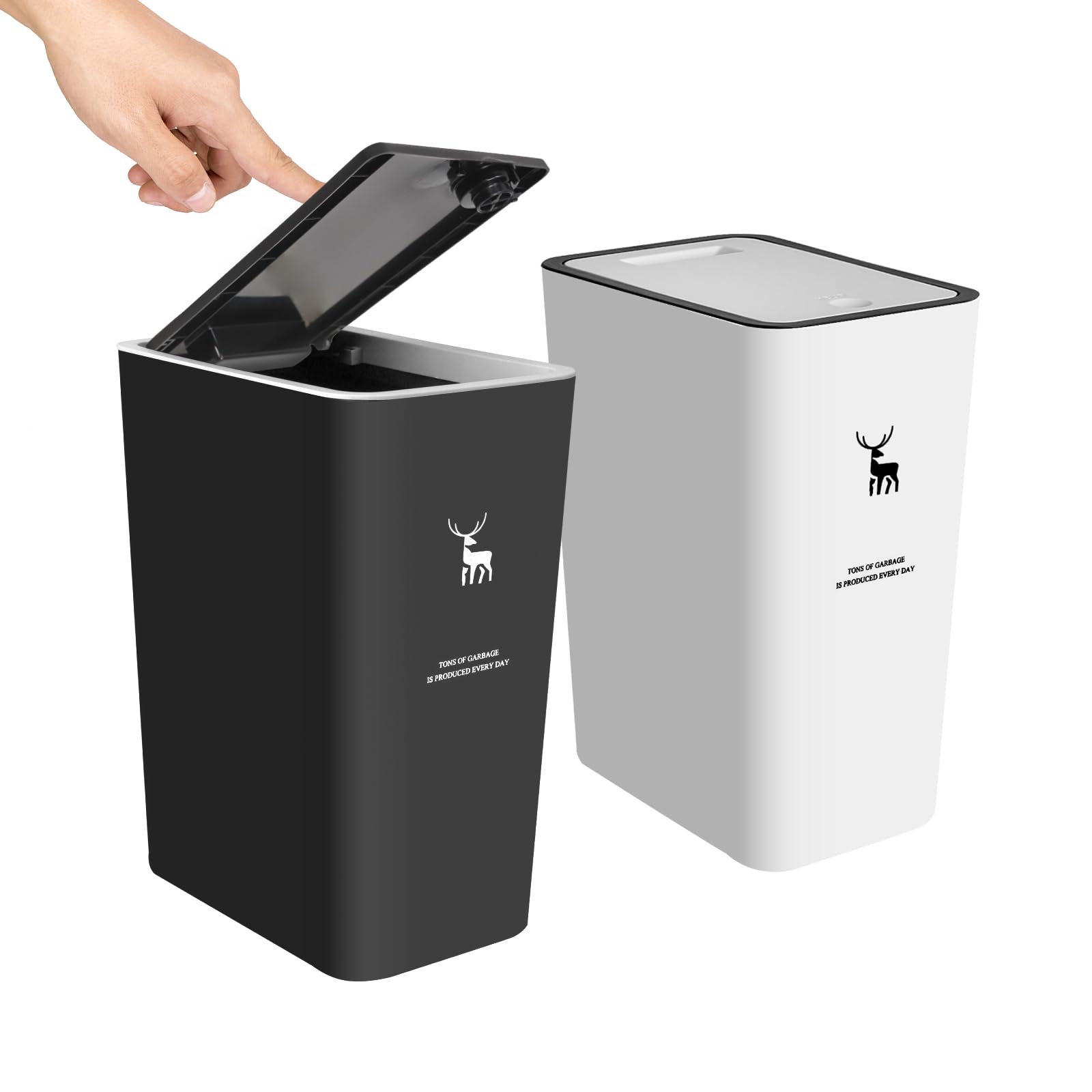 XPIY Cubo de basura con tapa, 2 unidades, 15 litros, con cierre a presión, pequeño cubo de basura para perros, de plástico, para baño, cocina, dormitorio, oficina, color negro y blanco